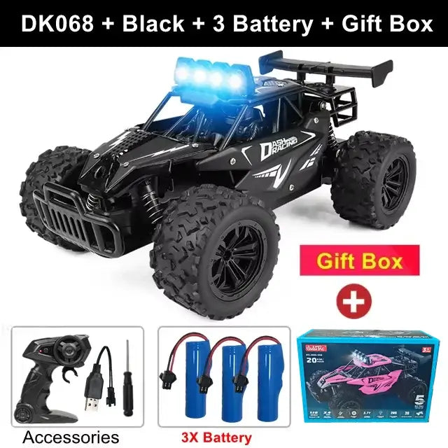 116 RC Car Remote Control Cars 2WD Radio Buggy Truck Drift DK068 in black with three batteries and gift box.