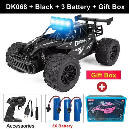 116 RC Car Remote Control Cars 2WD Radio Buggy Truck Drift DK068 in black with three batteries and gift box.