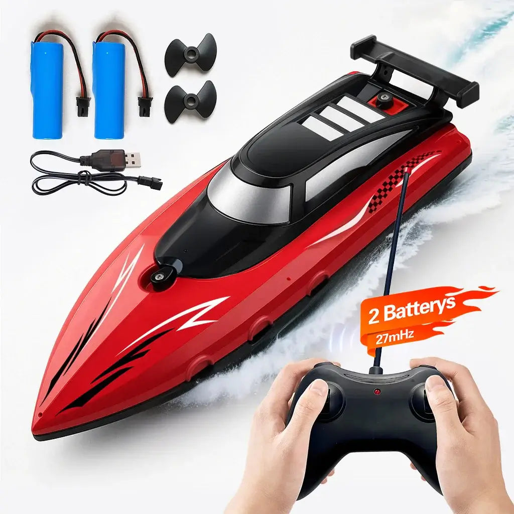 High-Speed RC Boat for Kids, Waterproof 27MHz Dual Motor, includes remote, batteries, and accessories