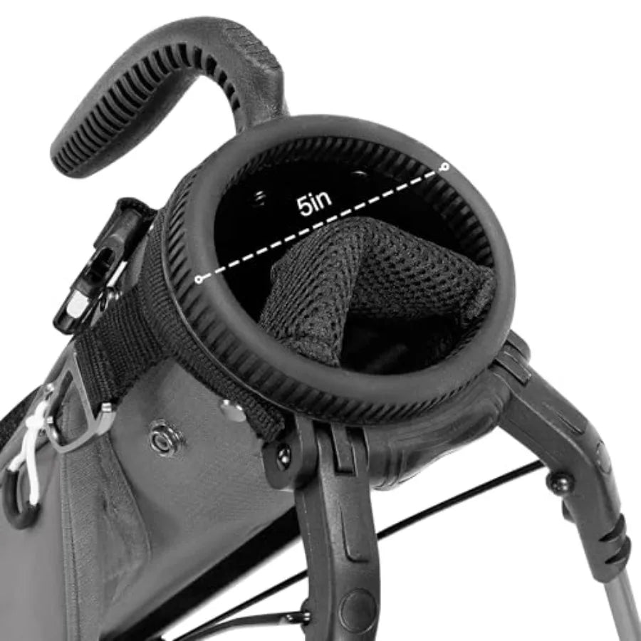 Close-up of Sunday Golf Bag with Stand showing 5-inch diameter pocket for easy access and storage.