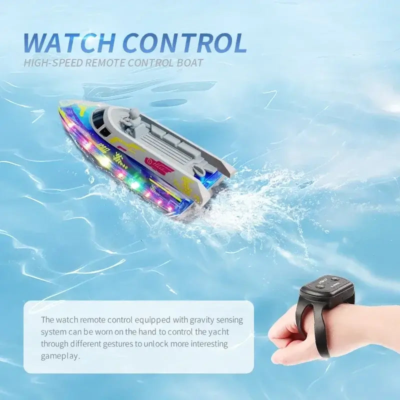 electric remote control speedboat in action with watch control feature on water