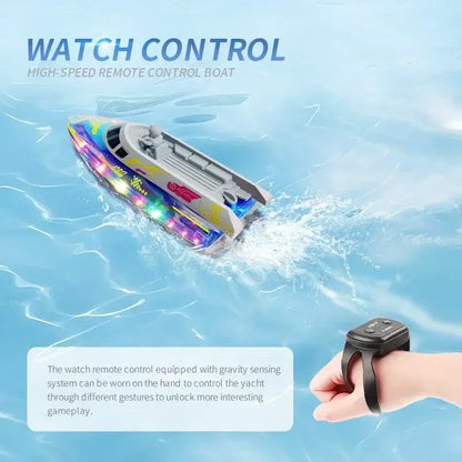 electric remote control speedboat in action with watch control feature on water