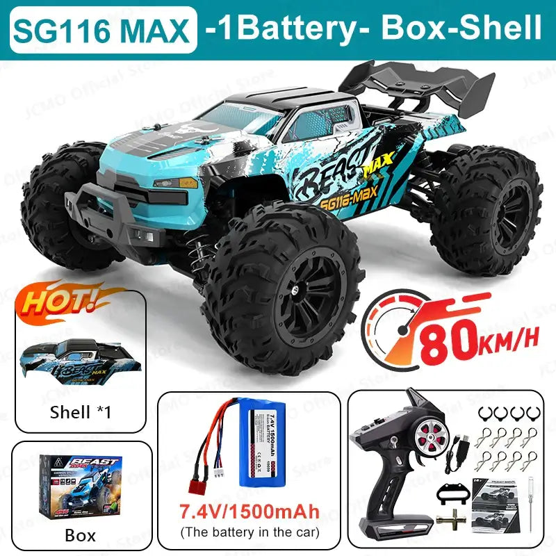 high speed remote control car 80KM/H RC car featuring robust design, remote control, and performance accessories.