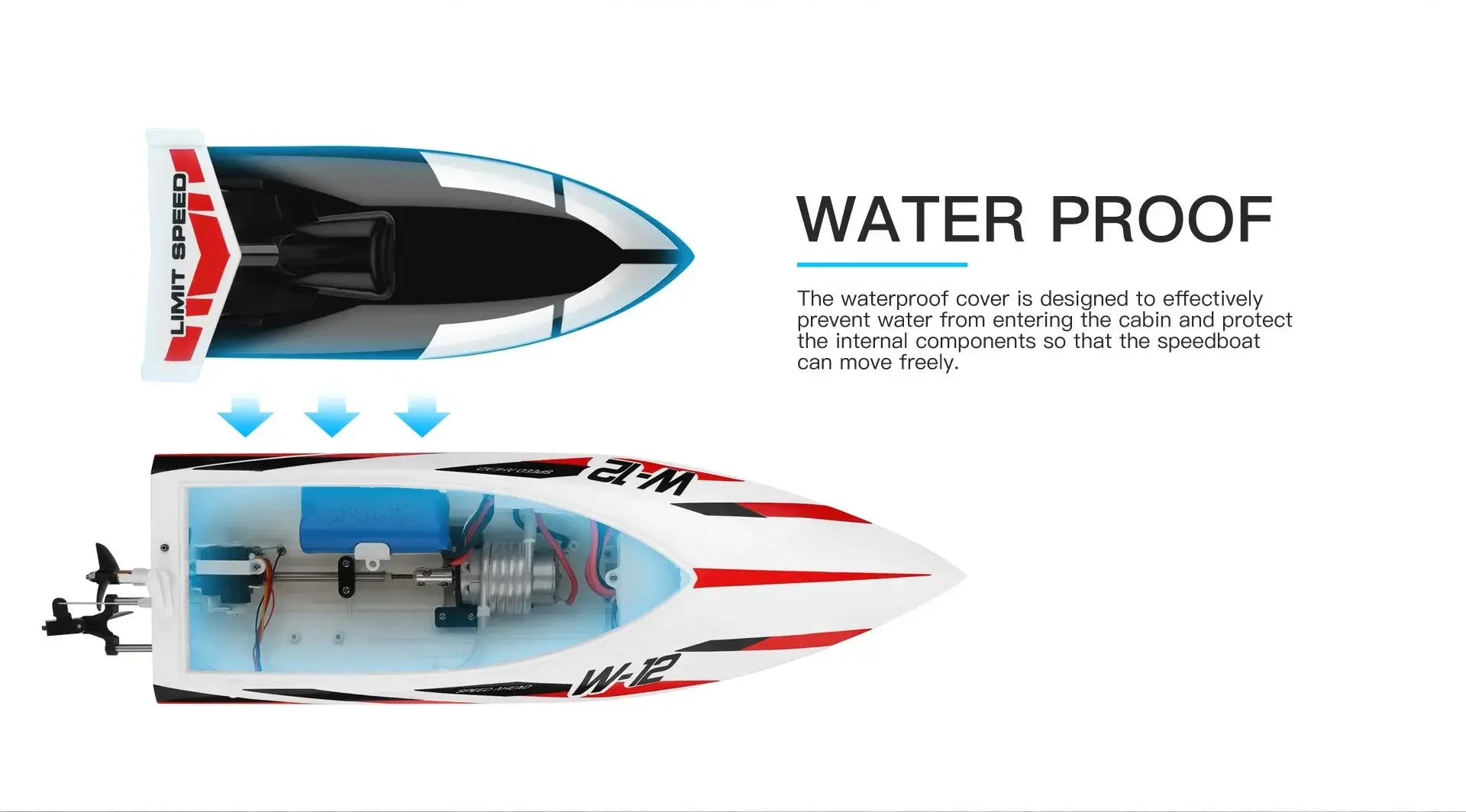 WLtoys 2.4G WL912-A RC Boat waterproof design prevents water entry for high-speed operation.
