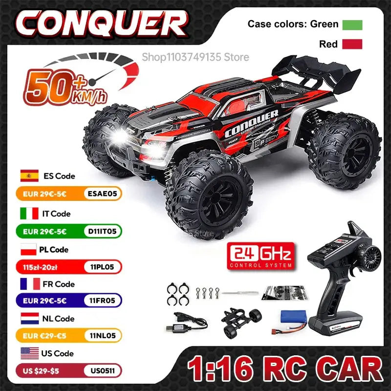 WLtoys 1:16 scale RC car in red and black design with remote control, showcasing high-speed performance of 50km/h.