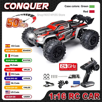 WLtoys 1:16 scale RC car in red and black design with remote control, showcasing high-speed performance of 50km/h.