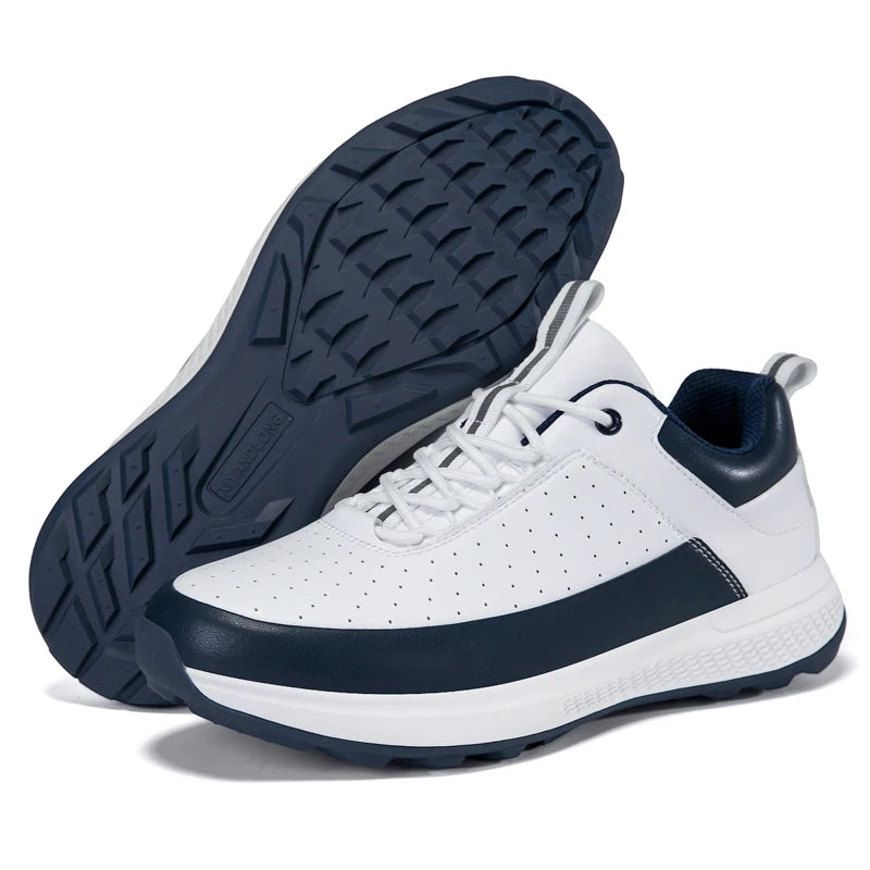 unisex waterproof golf shoes in white and navy, designed for casual outdoor comfort and performance.