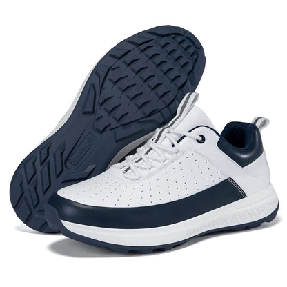 unisex waterproof golf shoes in white and navy, designed for casual outdoor comfort and performance.