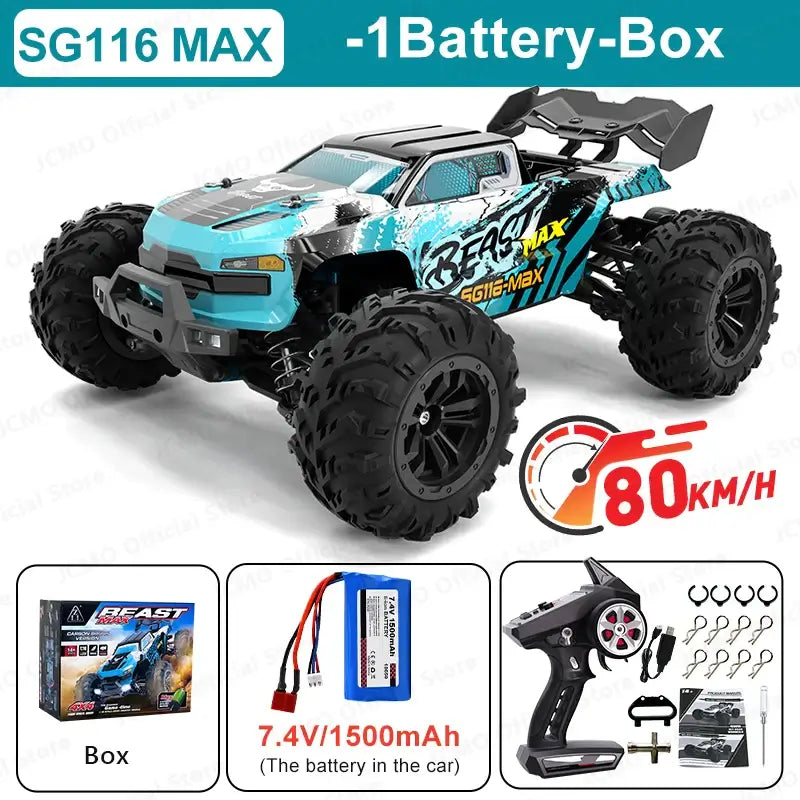 high speed remote control car SG116 MAX with battery box, remote control, and features, reaching 80KM/H.