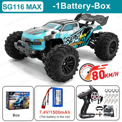 high speed remote control car SG116 MAX with battery box, remote control, and features, reaching 80KM/H.