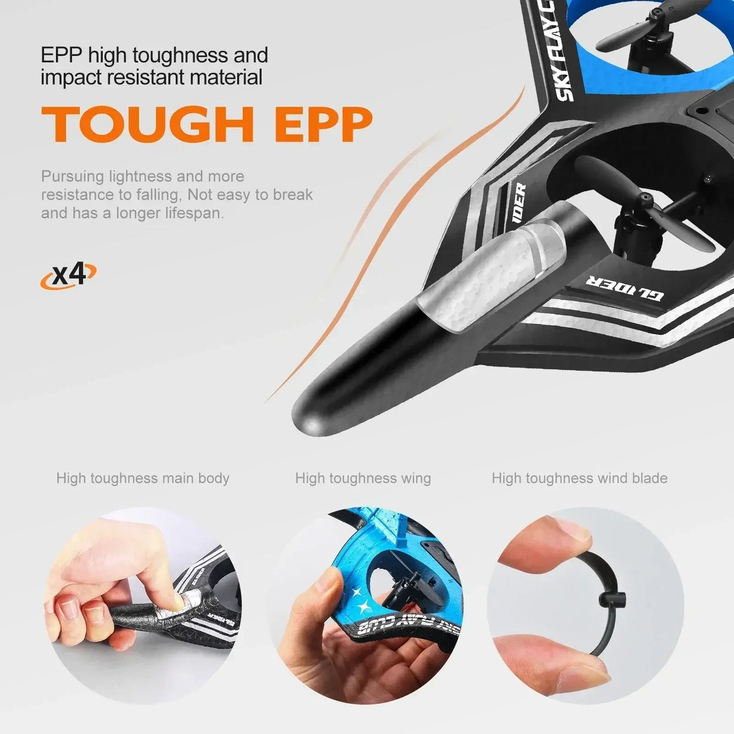 YP3 foam aircraft drone showcasing tough EPP material, emphasizing high toughness and impact resistance.