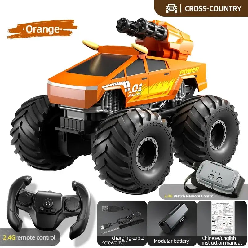 RC Car Amphibious Climbing Off-Road Drift Vehicle with large tires and remote control accessories in orange color.