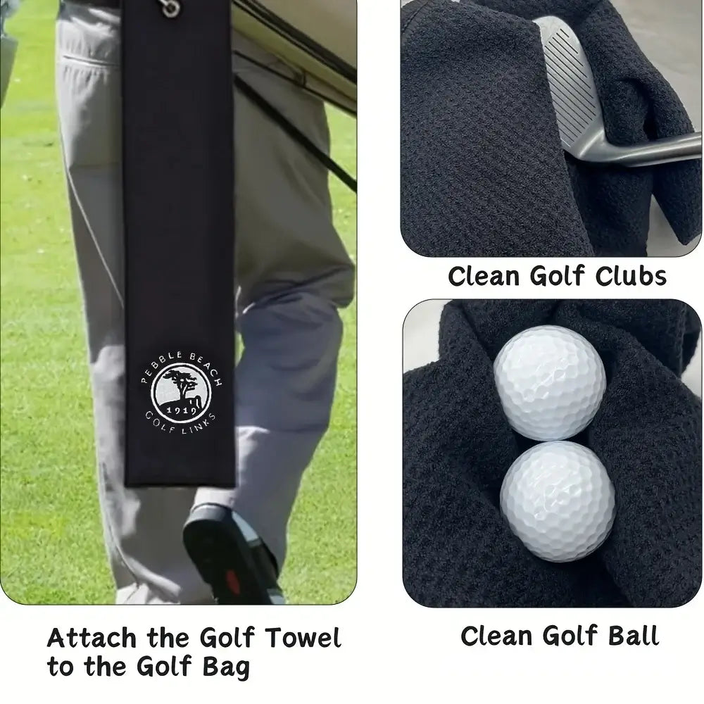 Embroidered 1919 Golf Towel shown attached to a golf bag, featuring clean golf clubs and golf balls.