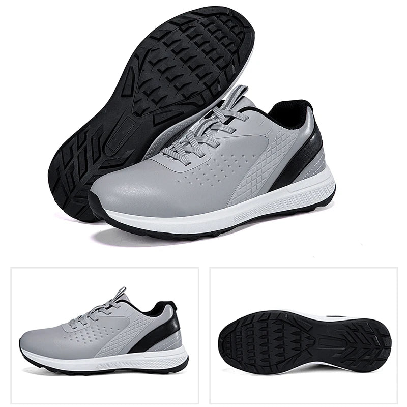Unisex waterproof golf shoes designed for comfort and performance in casual outdoor settings, featuring a sleek grey design.