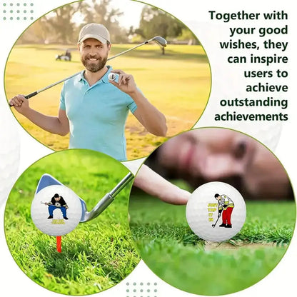 Funny golf balls gift set: golfer holding golf ball, humorous designs on golf balls, aiming for a perfect shot.