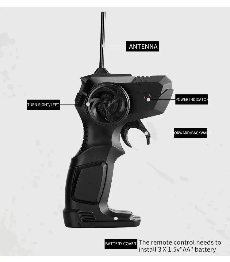 RC Car Remote Control Climbing Vehicle remote control with antenna, power indicator, and battery cover features.