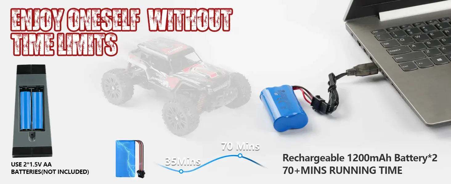 RC Car for Kids charging with batteries and laptop; offers 70+ mins running time and high-speed fun.