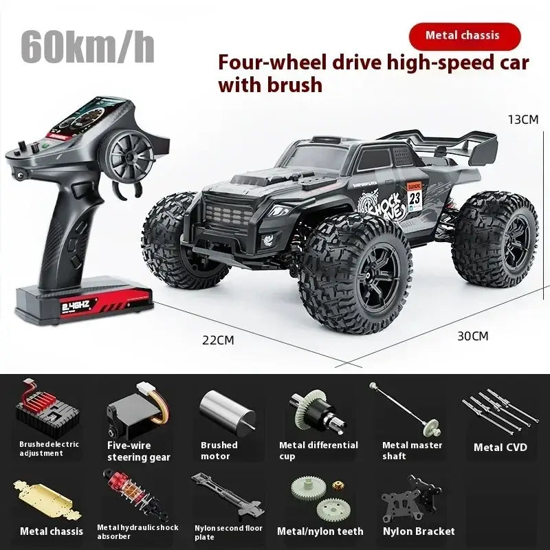 high-speed 4WD RC truck with brush, metal chassis, reaching speeds of 60km/h, showcasing remote control and features.
