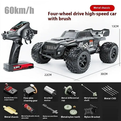 high-speed 4WD RC truck with brush, metal chassis, reaching speeds of 60km/h, showcasing remote control and features.