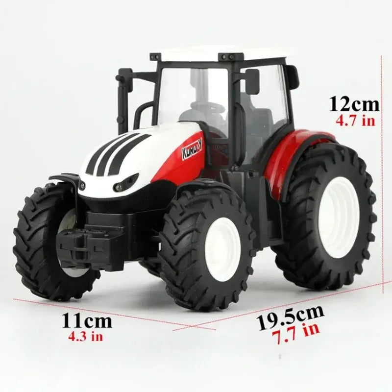Remote Control Tractor in red and white with detailed wheels and dimensions of 12cm height, 19.5cm length, and 11cm width.