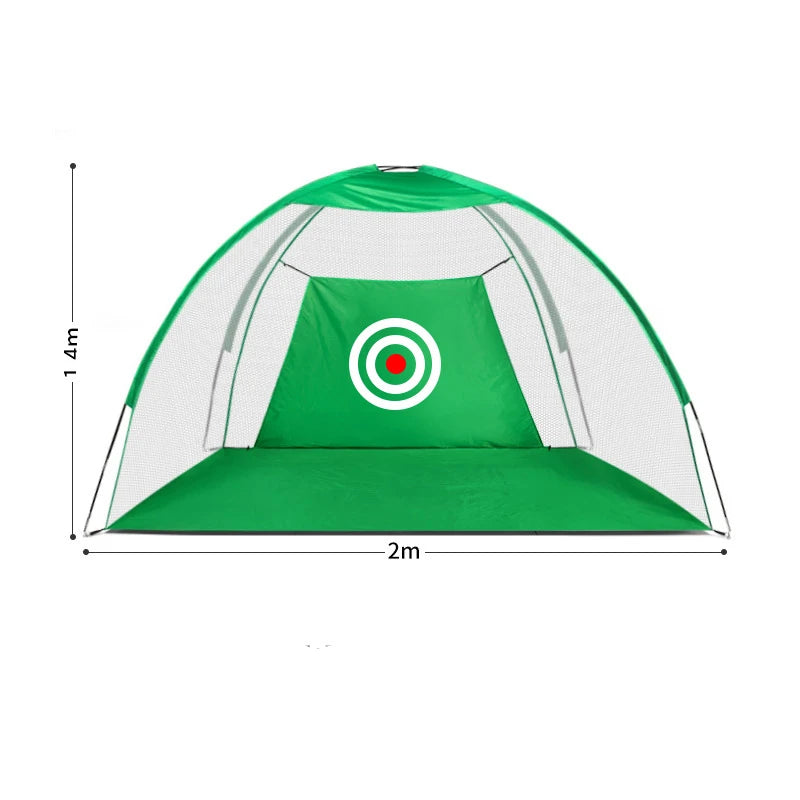 Indoor golf practice net with a green target design, dimensions 2M x 1.4M, perfect for practicing skills indoors.