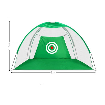 Indoor golf practice net with a green target design, dimensions 2M x 1.4M, perfect for practicing skills indoors.