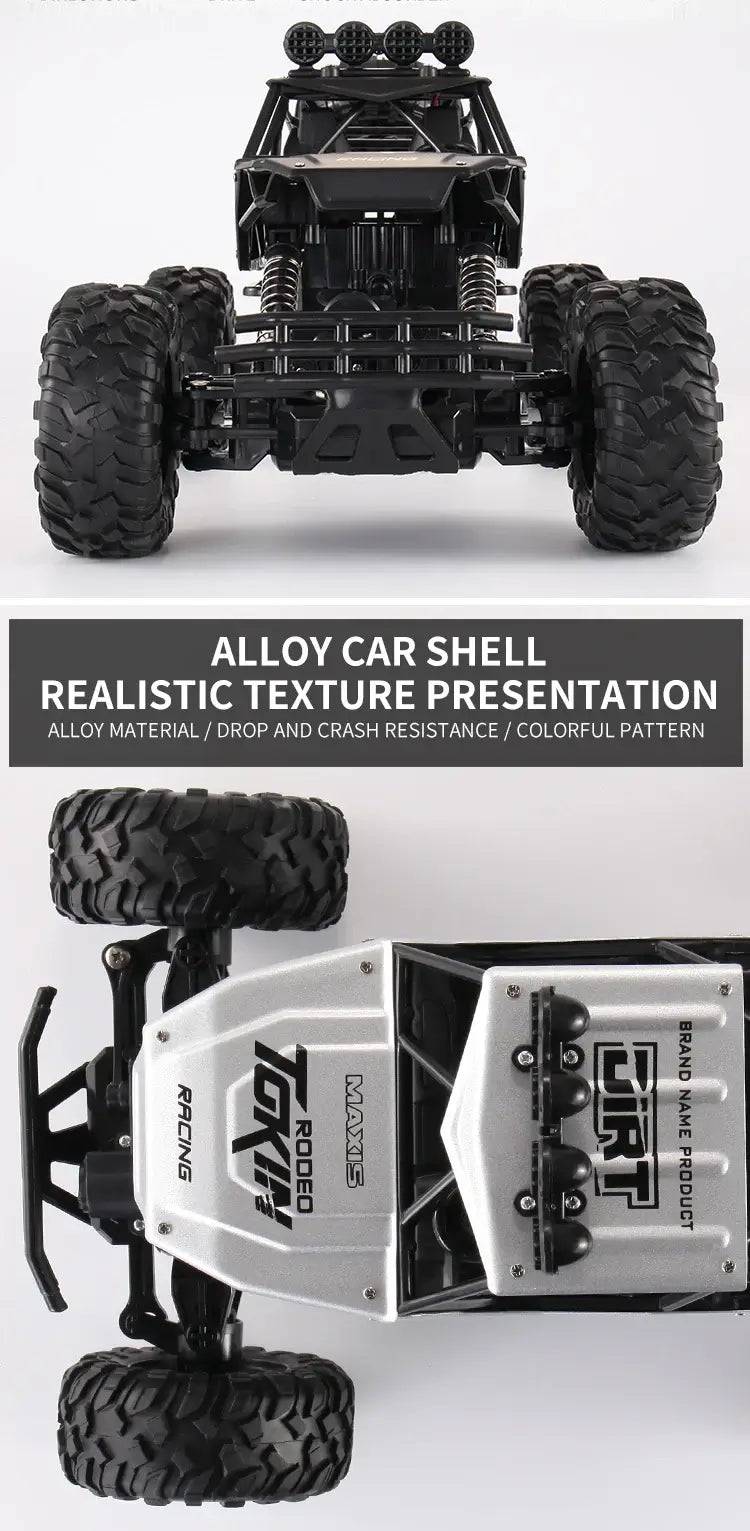 RC Car Remote Control Climbing Vehicle with alloy shell and realistic texture, showcasing drop and crash resistance.