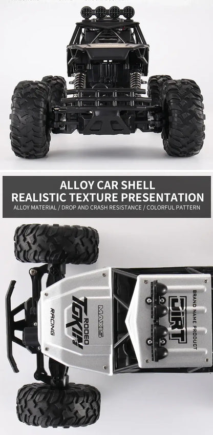 RC Car Remote Control Climbing Vehicle with alloy shell and realistic texture, showcasing drop and crash resistance.