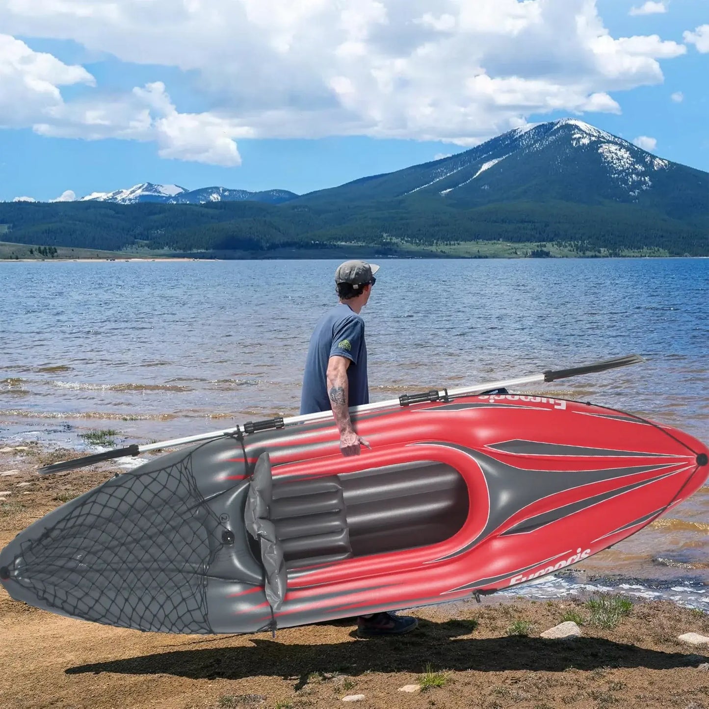 Inflatable Kayak Fishing Boat 1 Person Adult Red Canoe, with Paddles