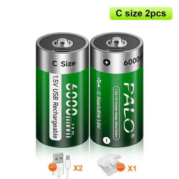 1.5V C Size Rechargeable Battery in green design showcasing USB charging capability.