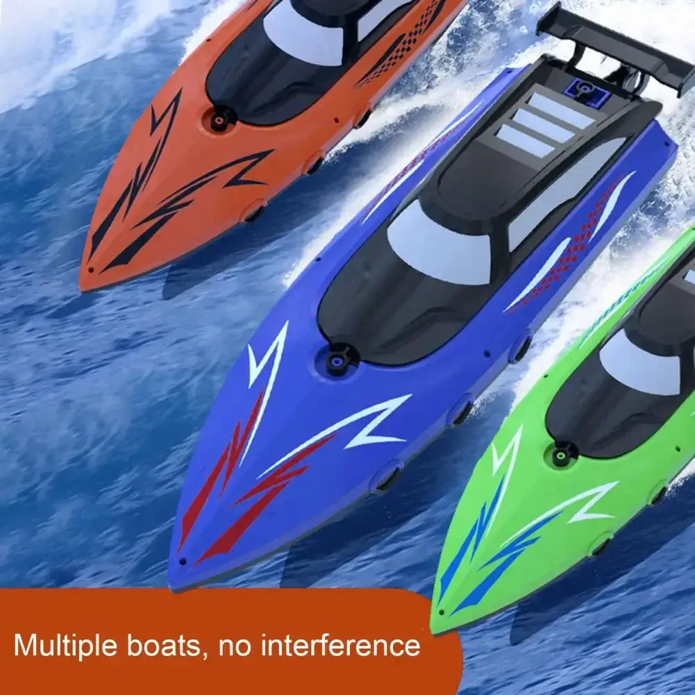 RC Boat With LED Lights in various colors racing on water, showcasing multiple boats with no interference.