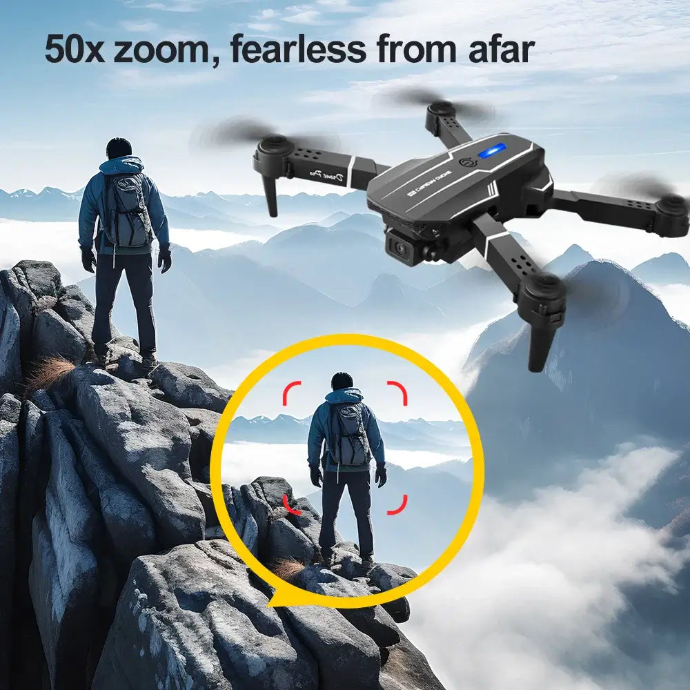 Foldable RC drone with dual camera capturing a hiker from 50x zoom on a mountain trail.
