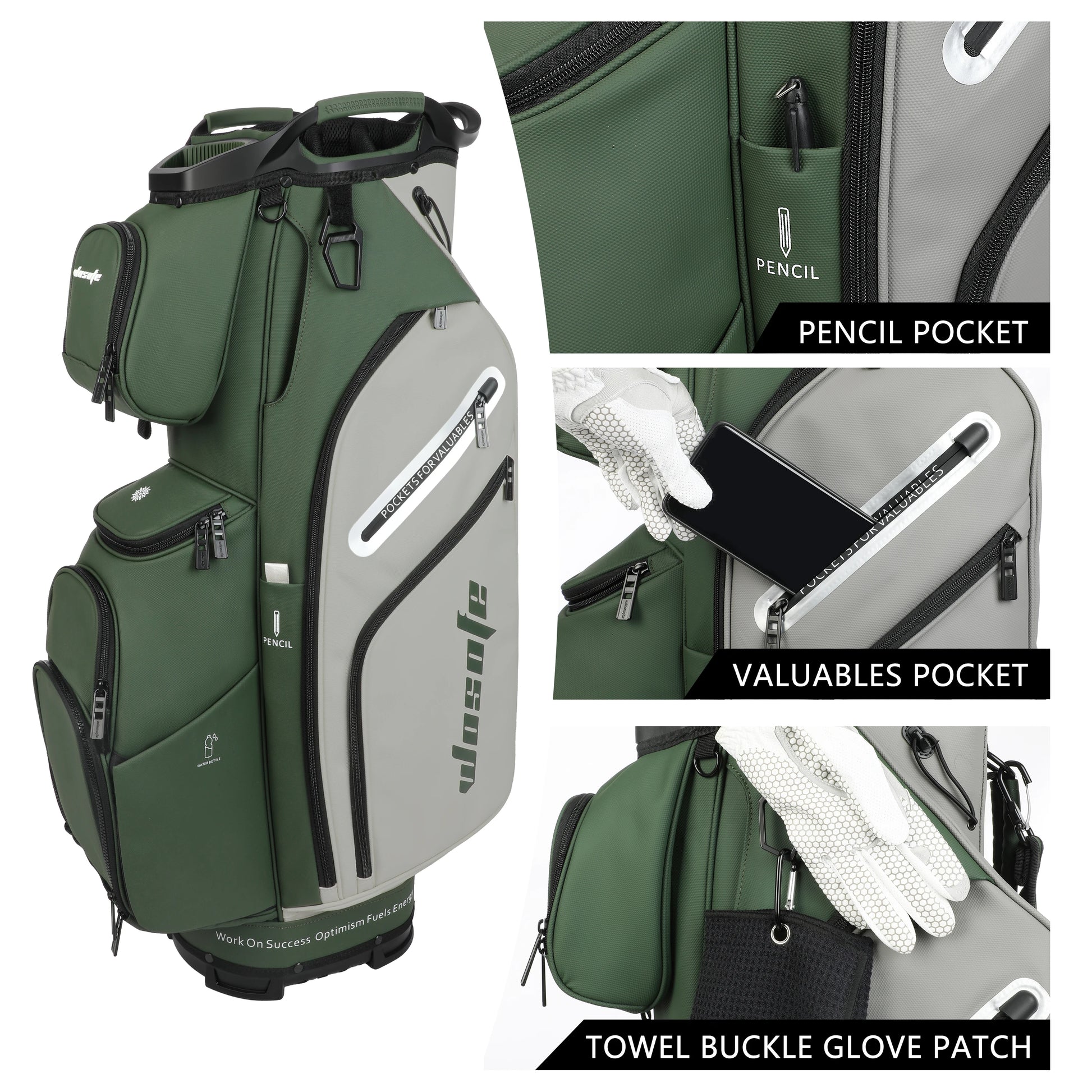 Lightweight Men Women Golf Bag featuring pencil pocket, valuables pocket, and towel buckle glove patch in green.