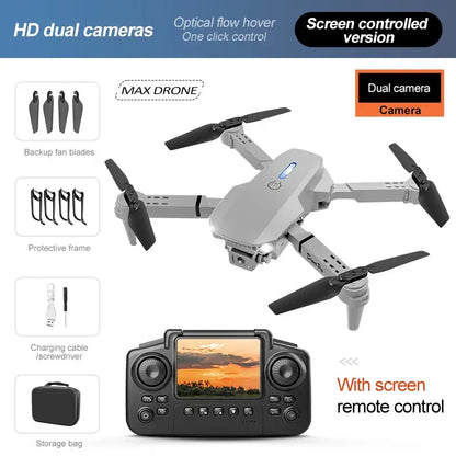 New E88 RC Drone with dual HD cameras and screen-controlled remote for easy aerial photography.