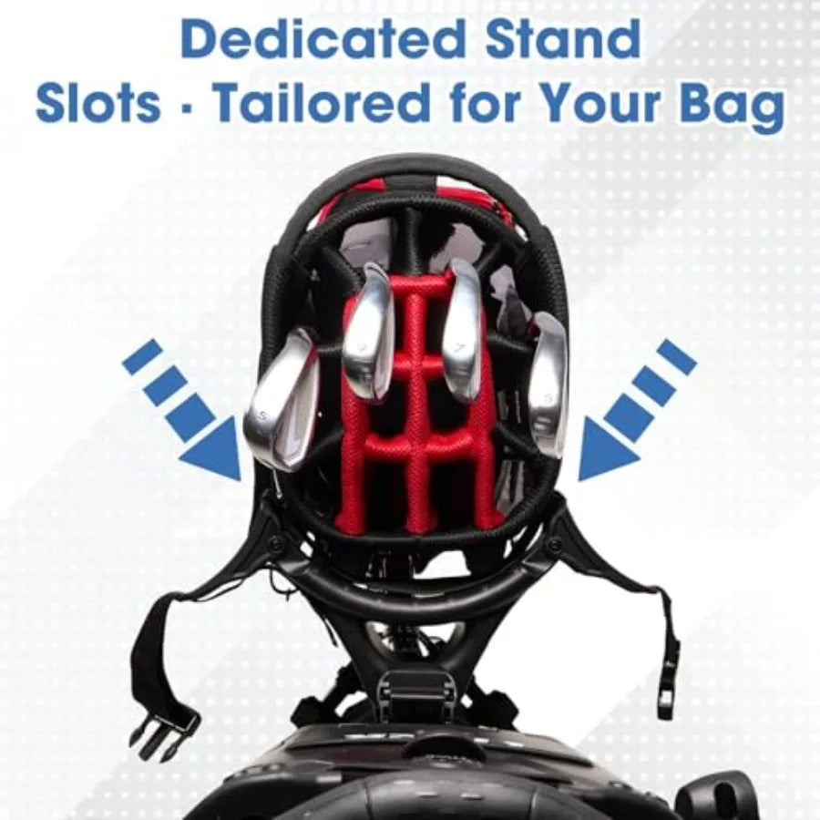 Dedicated stand slots tailored for your bag on a lightweight golf push cart.