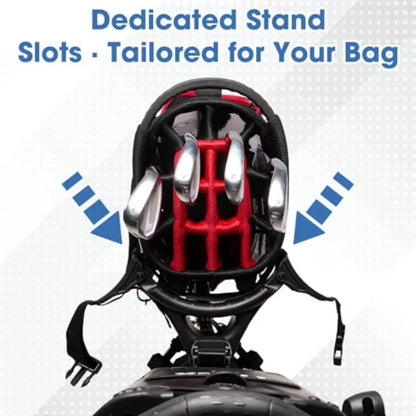 Dedicated stand slots tailored for your bag on a lightweight golf push cart.