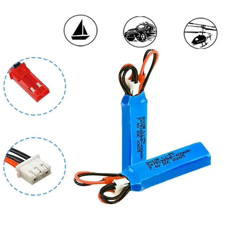 RC Car Battery 7.4V 400mAh pack with JST plug for remote control vehicles.