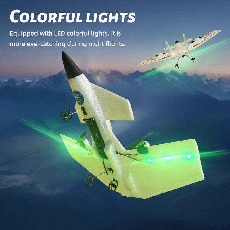F-35 Fighter Jet EPP Material With Gyroscope flying at night with colorful LED lights in the sky.
