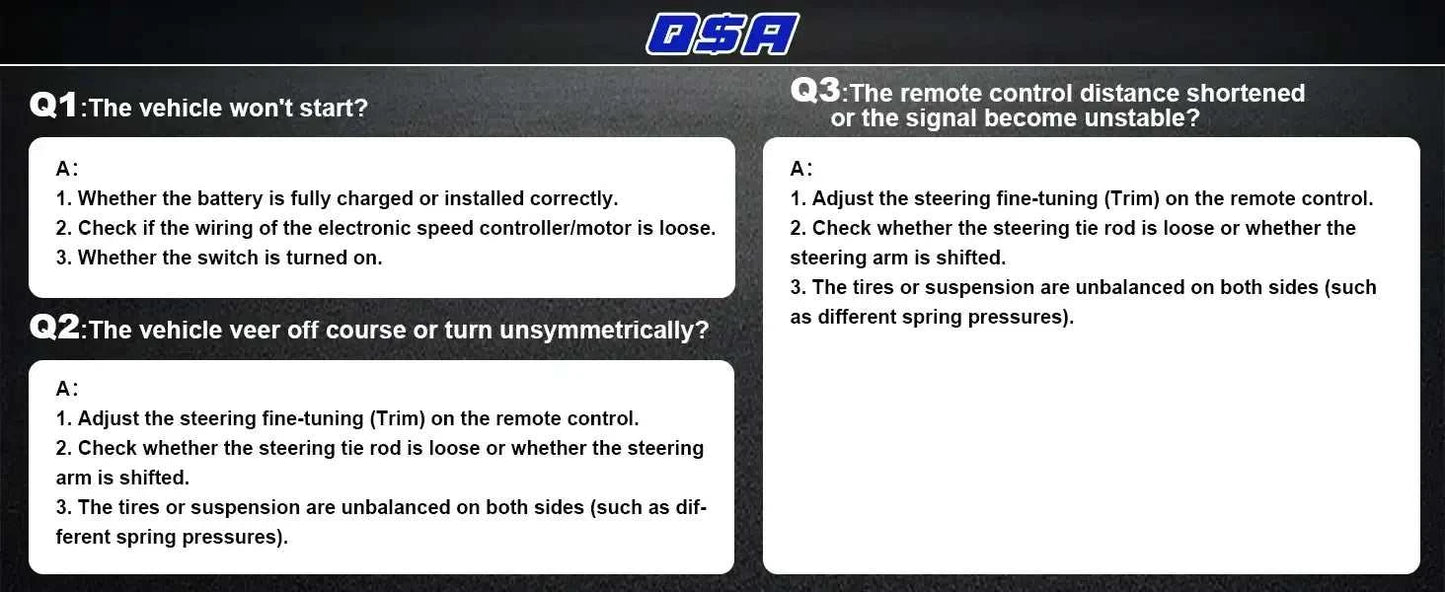 FAQ troubleshooting guide for Lithium Battery RC Truck, addressing common vehicle issues and adjustments.