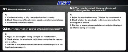 FAQ troubleshooting guide for Lithium Battery RC Truck, addressing common vehicle issues and adjustments.