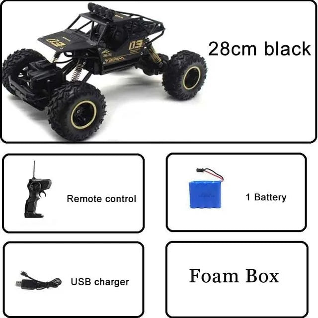 Remote control cars with LED lights featuring a black 28cm 4WD design, remote, battery, USB charger and foam box.