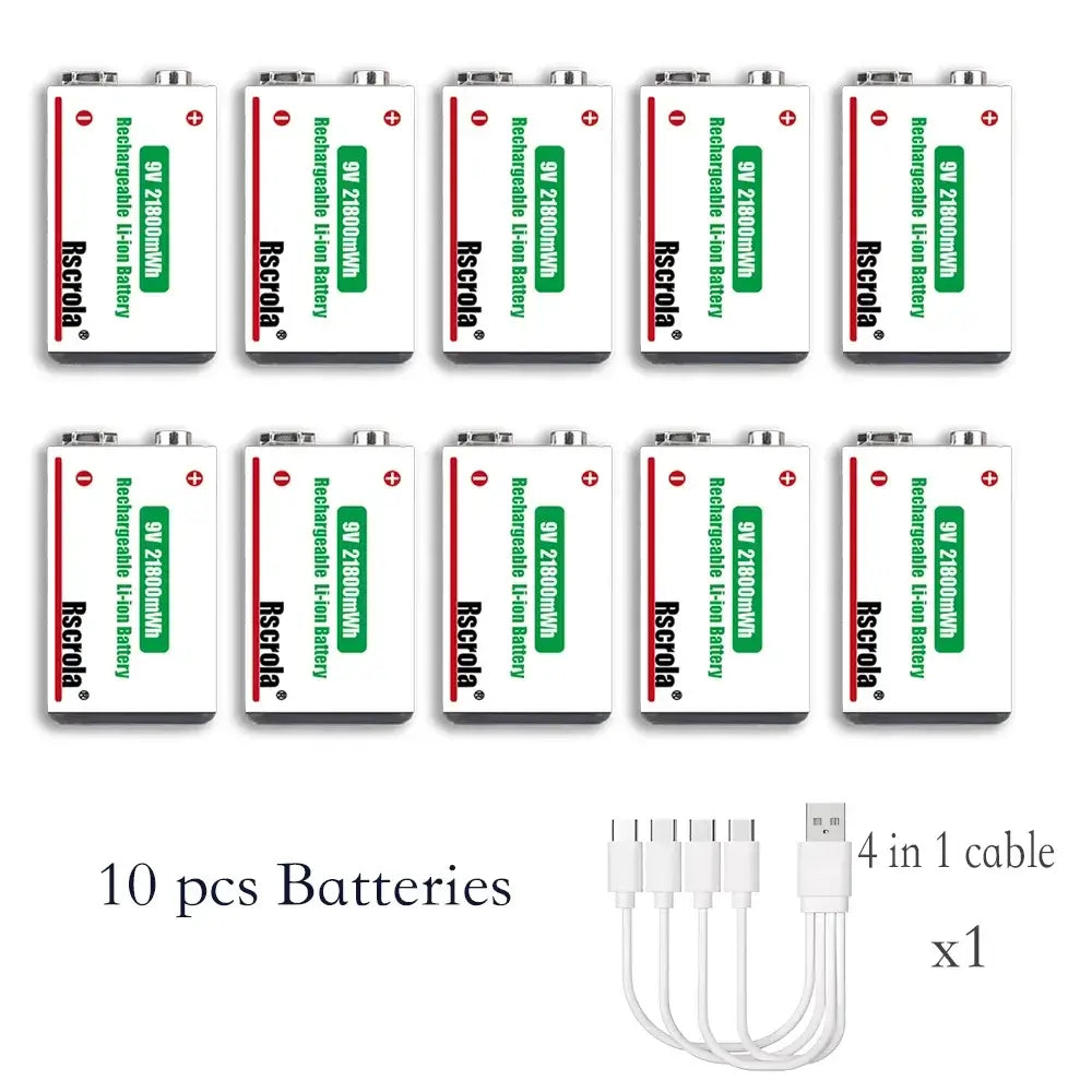 Rscrola 21800mWh 9V Lithium Rechargeable Battery with Type-C cable for various devices