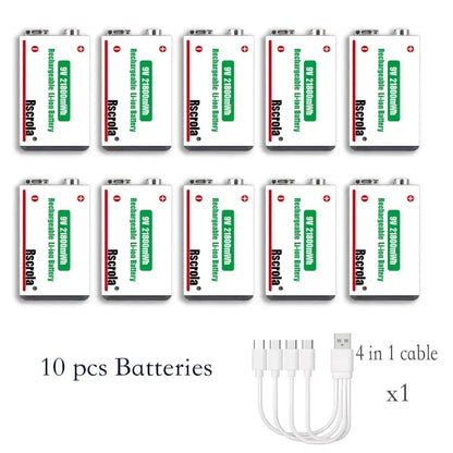 Rscrola 21800mWh 9V Lithium Rechargeable Battery with Type-C cable for various devices