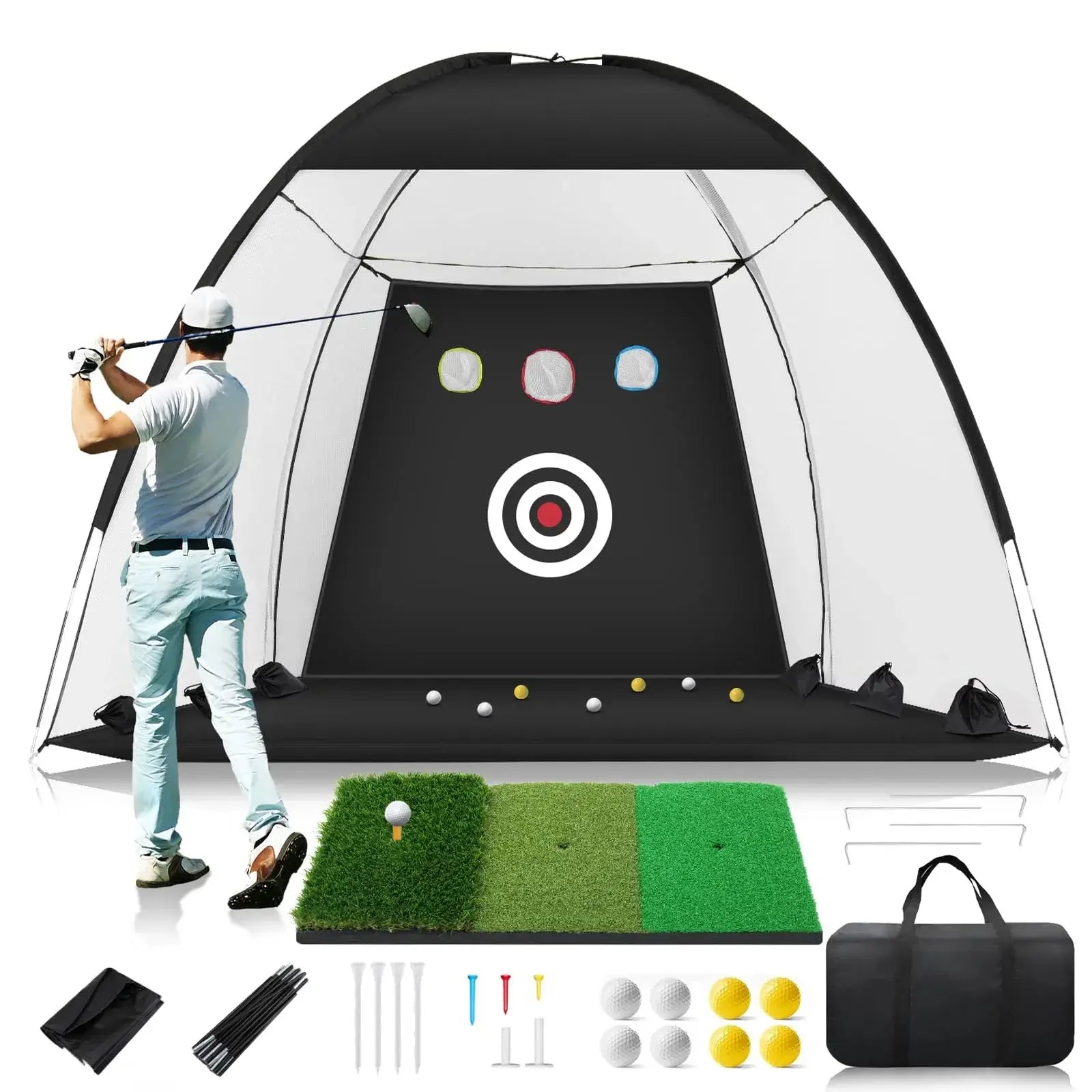 Professional Golf Practice Net setup with golfer hitting balls into target, includes grass mat and accessories.