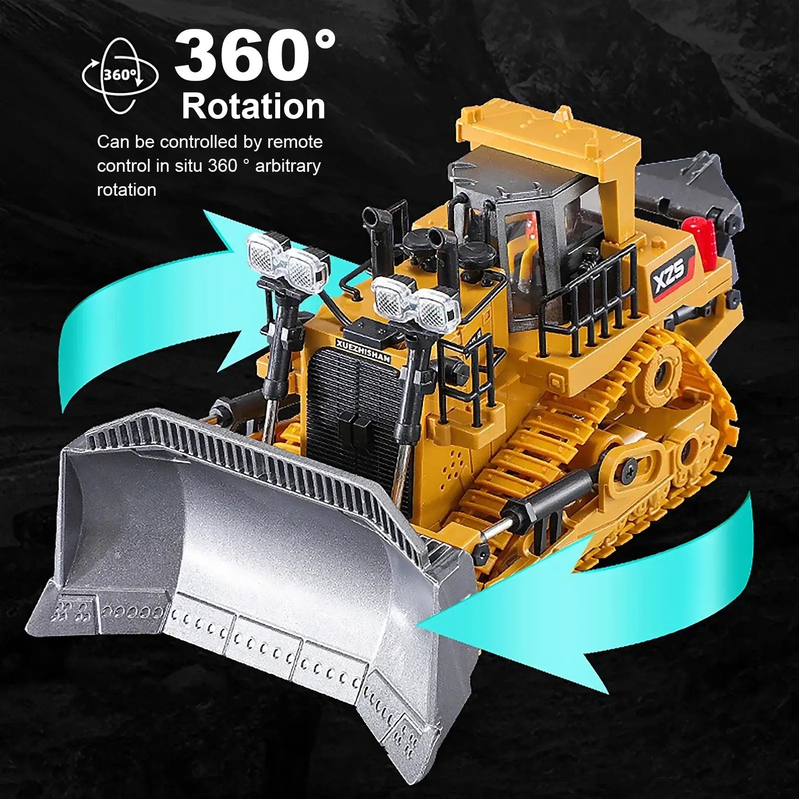 RC bulldozer remote control truck with 360-degree rotation feature, showcasing remote control capability and intricate detailing.