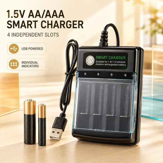 1.5V USB 4 Slots Charger with 4 independent slots for AA/AAA batteries, USB powered with individual indicators.