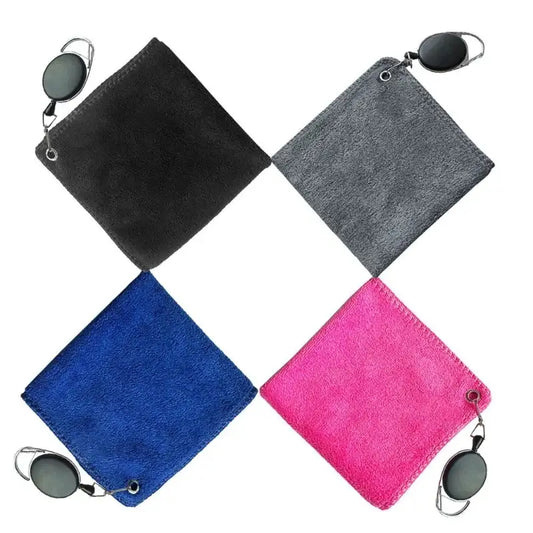 1Pc Golf Towel Microfibre Cleaning Cloth in Grey, Rose Red, Blue, and Black for golfers.