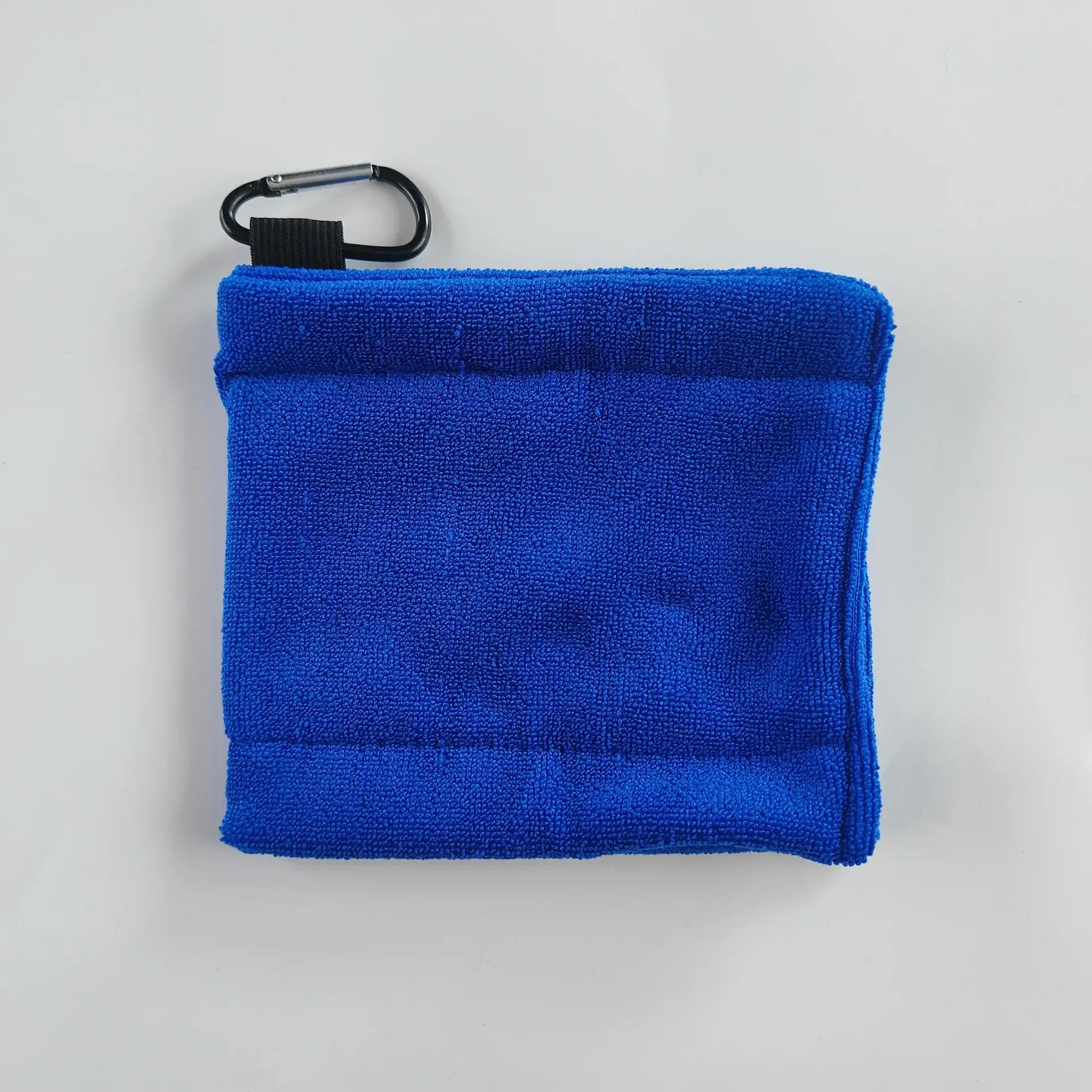 1pc Golf Towel Golf Cleaning Towel shown in blue color with a carabiner hook attachment for easy carrying.