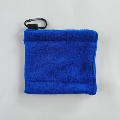 1pc Golf Towel Golf Cleaning Towel shown in blue color with a carabiner hook attachment for easy carrying.