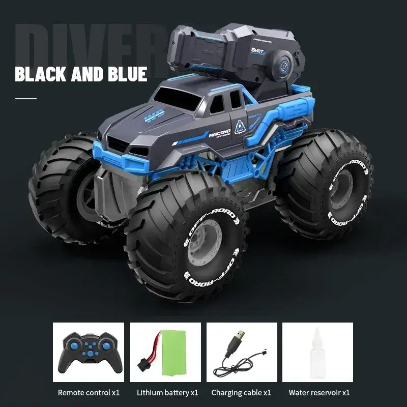 Remote Control Car Amphibious in black and blue with large tires and water reservoir